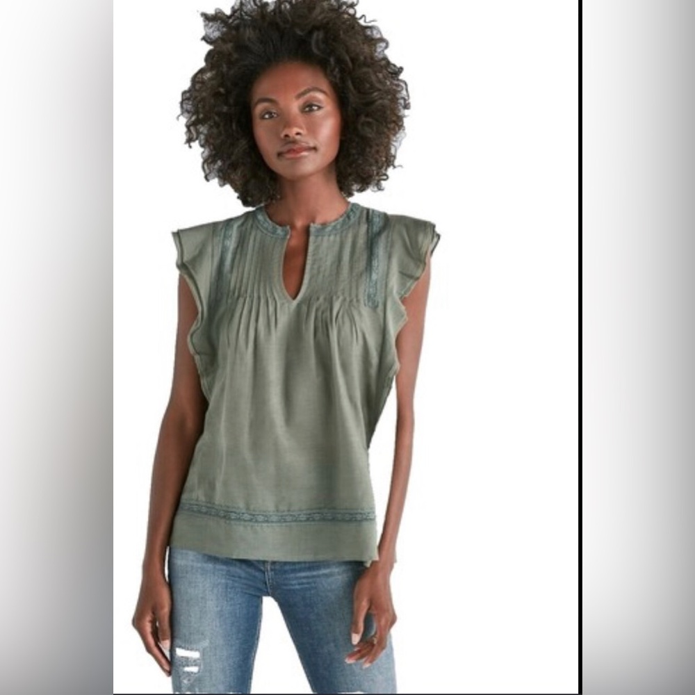 Lucky Brand Sage Green Pintuck Flutter Sleeve Casual Blouse Women’s Size S